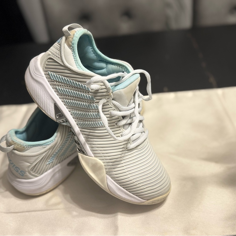 K-Swiss White and Light Blue Sneakers